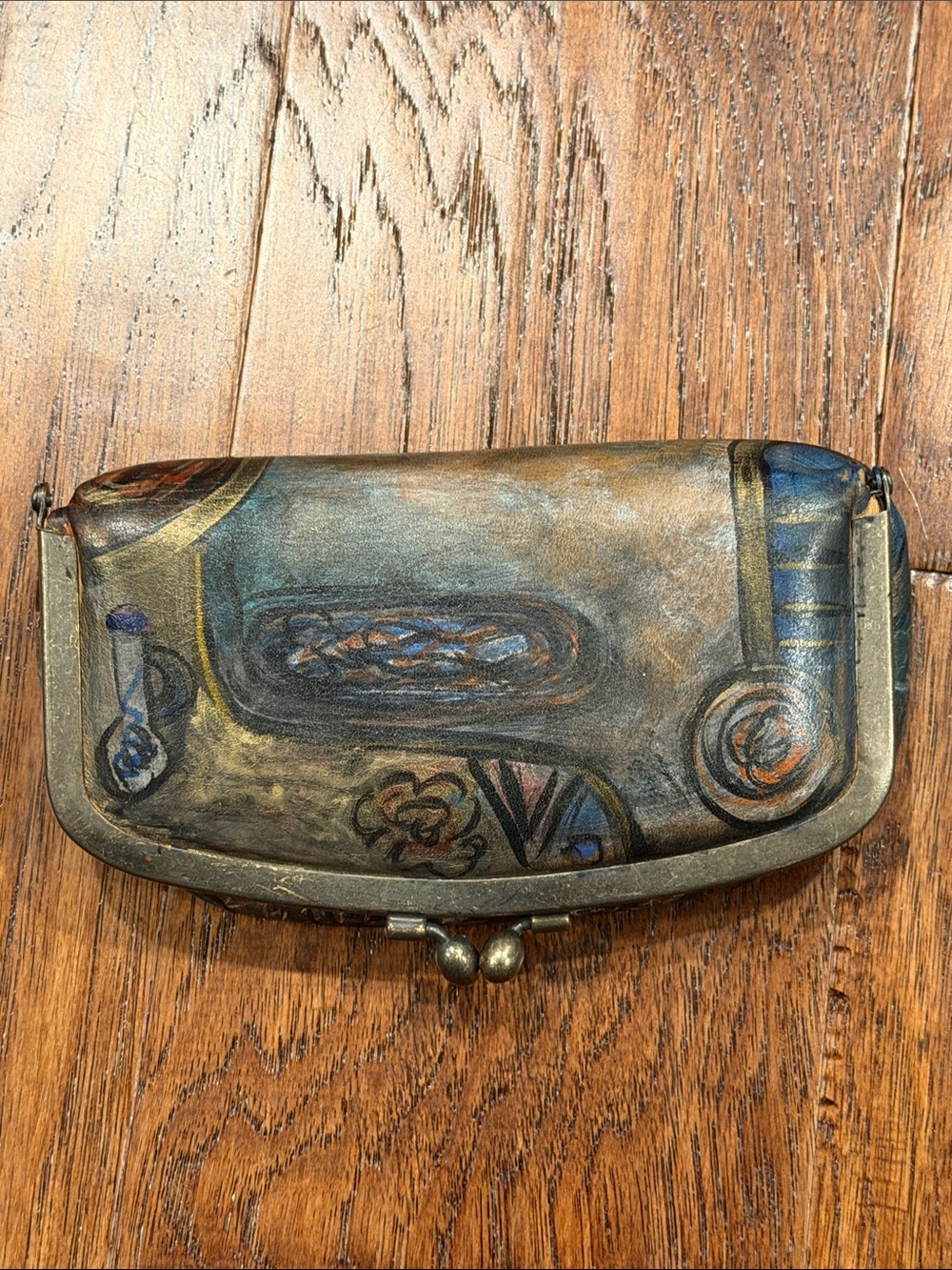 Jane Yoo Signed Hand-Painted Leather Cosmetic Clutch - Multicolor